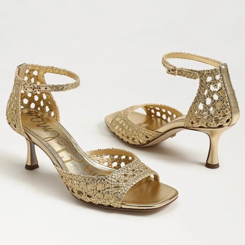 New Sam Edelman Gold Woven Kitten Heels Metallic Strappy Square Toe Sandals 8.5